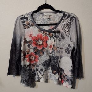 Christopher and Banks petite gray and white and Peach floral short sleeve jacket